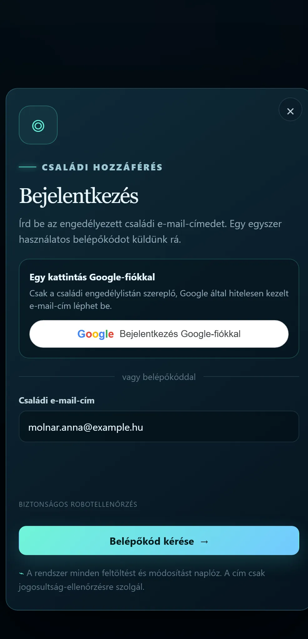 A bejelentkezési ablak: Google-gomb és belépőkód-kérés