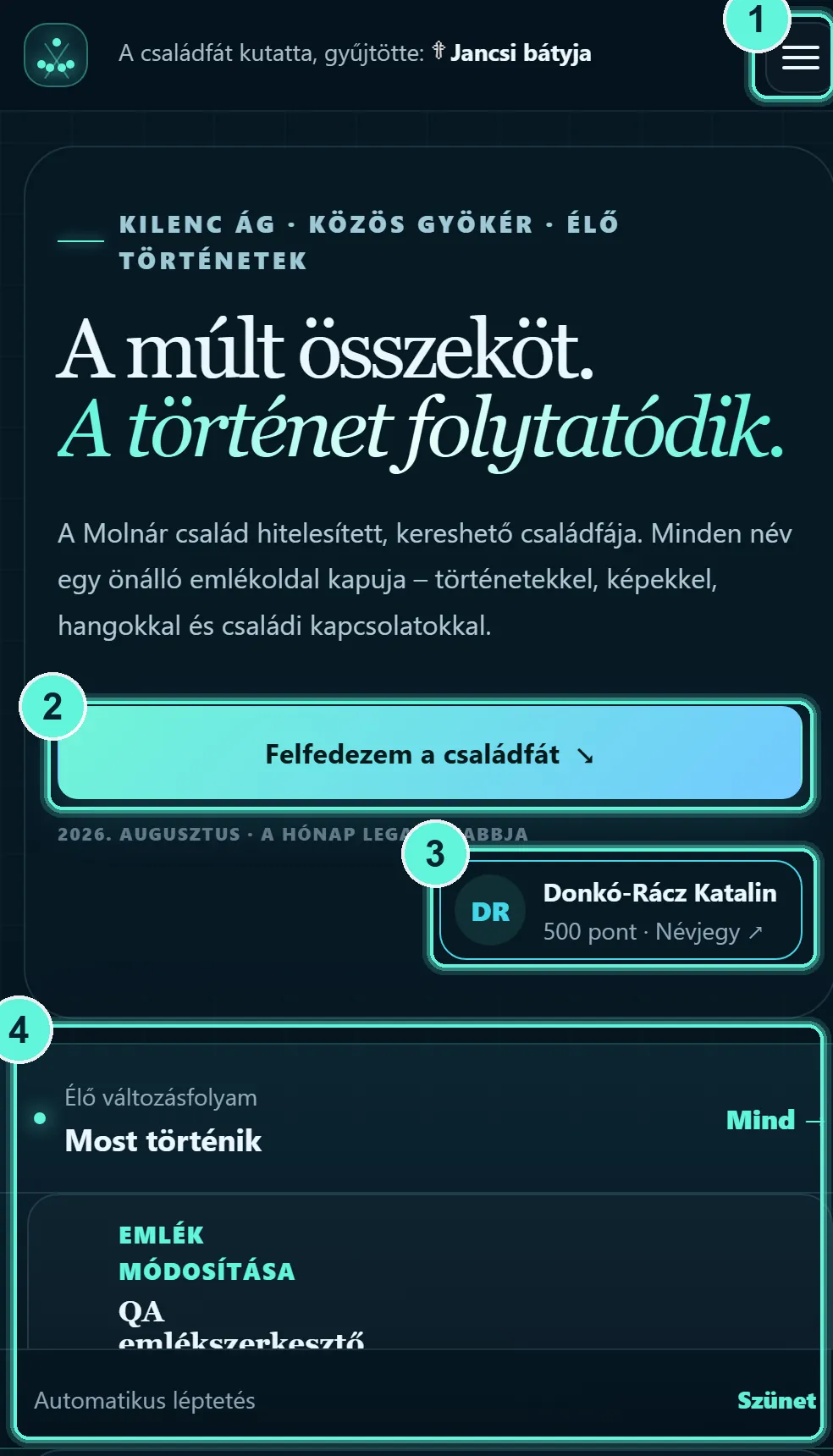 A főoldal vendég nézetben, számozott jelölésekkel